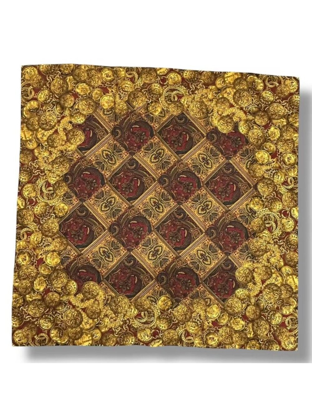 Chanel Scarf Silk Medal Pattern Gripoix Style Logo Brown